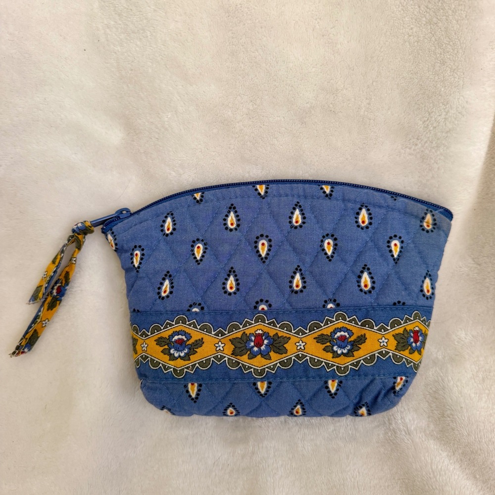 Vera Bradley Blue Yellow Floral Quilted Cosmetic Makeup Bag Pouch 100 Cotton